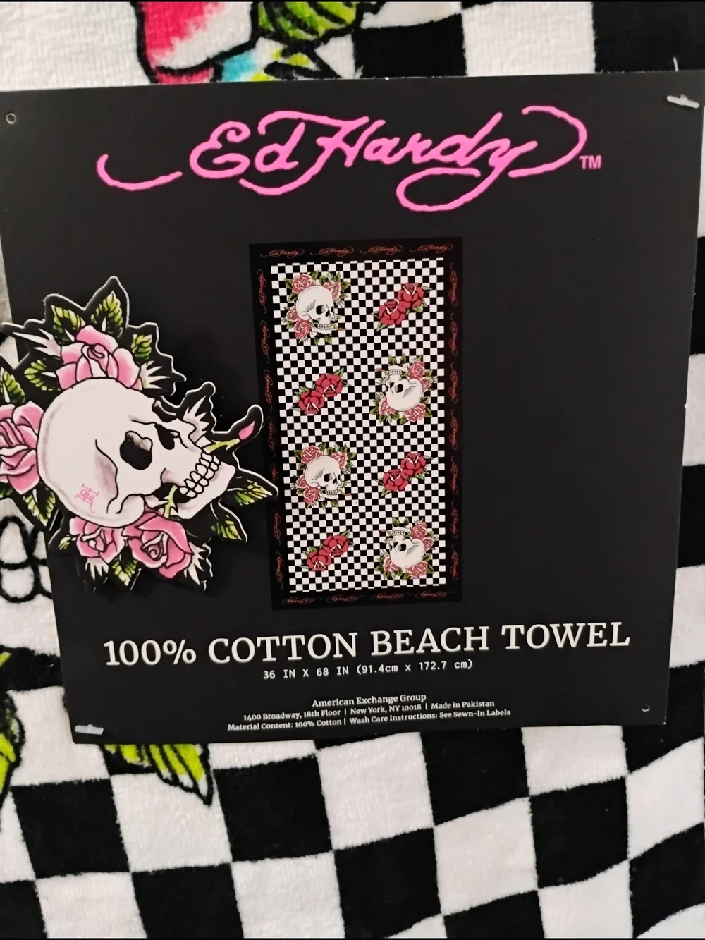 Ed Hardy Black & White Checkered Skull Rose Cotton Beach Towel.